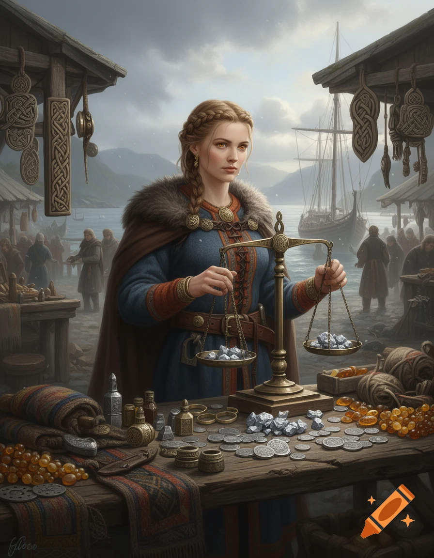 A Viking woman with braided hair stands at a market stall, weighing silver on a scale with a ship in the background, photorealistic.