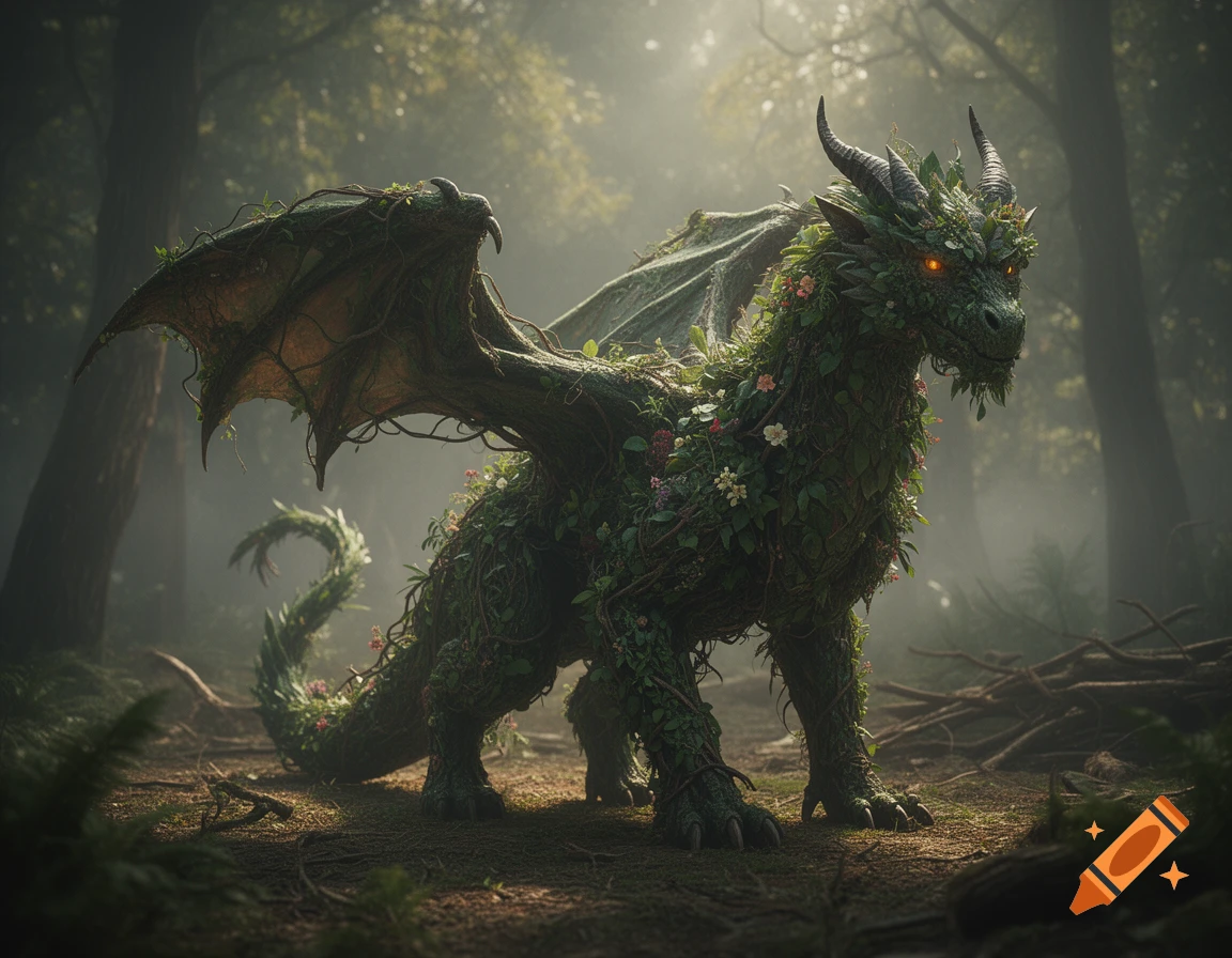 A photorealistic dragon made of foliage and vines standing in a misty forest.