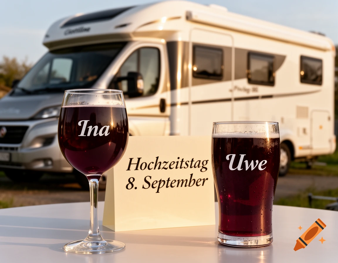 Photorealistic image of a wine glass with the name Ina and a beer glass with the name Uwe, with a sign reading Hochzeitstag 8. September, in front of a campervan.
