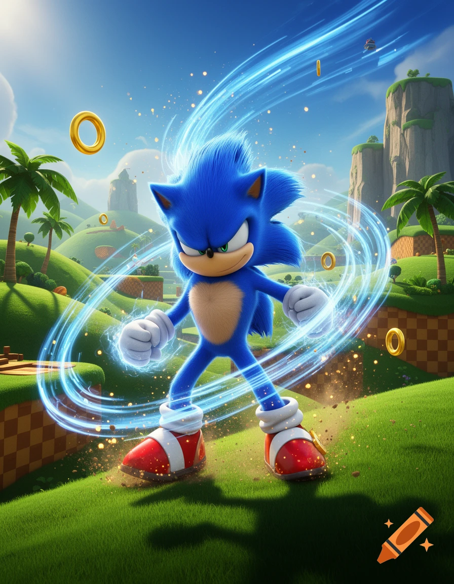 Sonic the Hedgehog surrounded by glowing blue energy rings in a lush green grassy landscape with palm trees and hills, 3D render style.