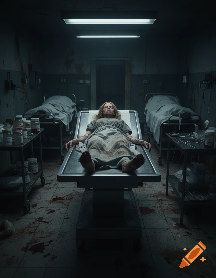Photorealistic depiction of a dark morgue with a person lying on an autopsy table surrounded by medical trays and body bags.