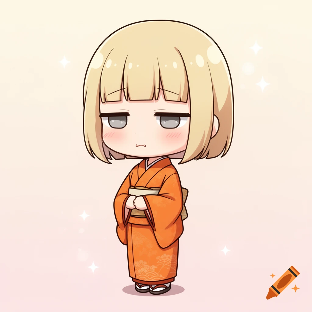 Chibi anime girl with short blonde bob hair and grey deadpan eyes wearing an orange kimono, digital art style.