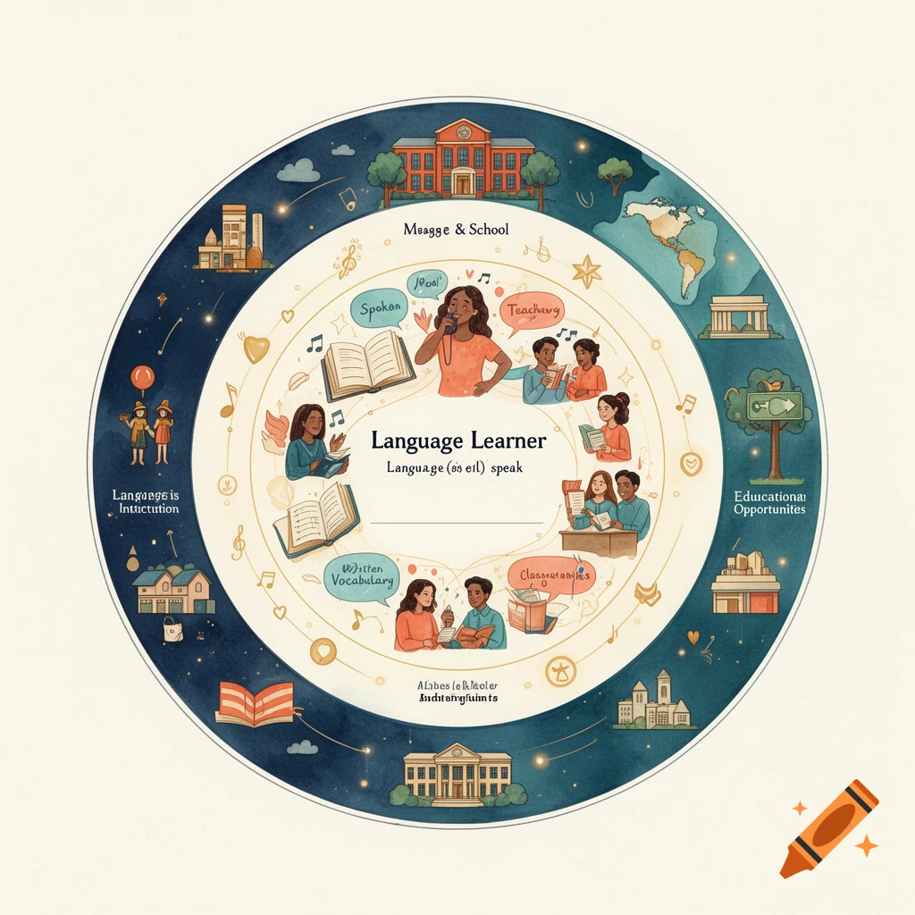 Circular watercolor style infographic about language learning featuring concentric circles with diverse people, books, and schools.