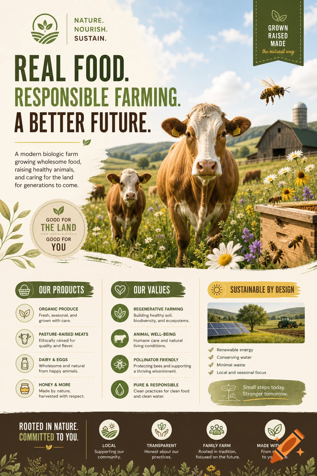 Flyer for a biologic farm with cows, bees, and a barn in the background.
