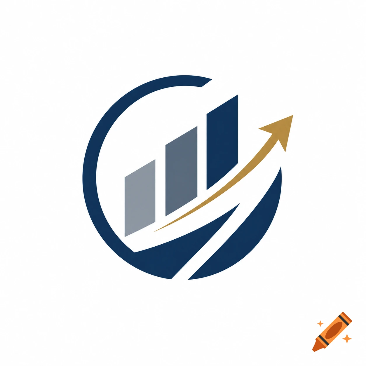 Minimalist corporate logo featuring ascending bar charts and an upward arrow inside a circle, in blue, grey, and gold.