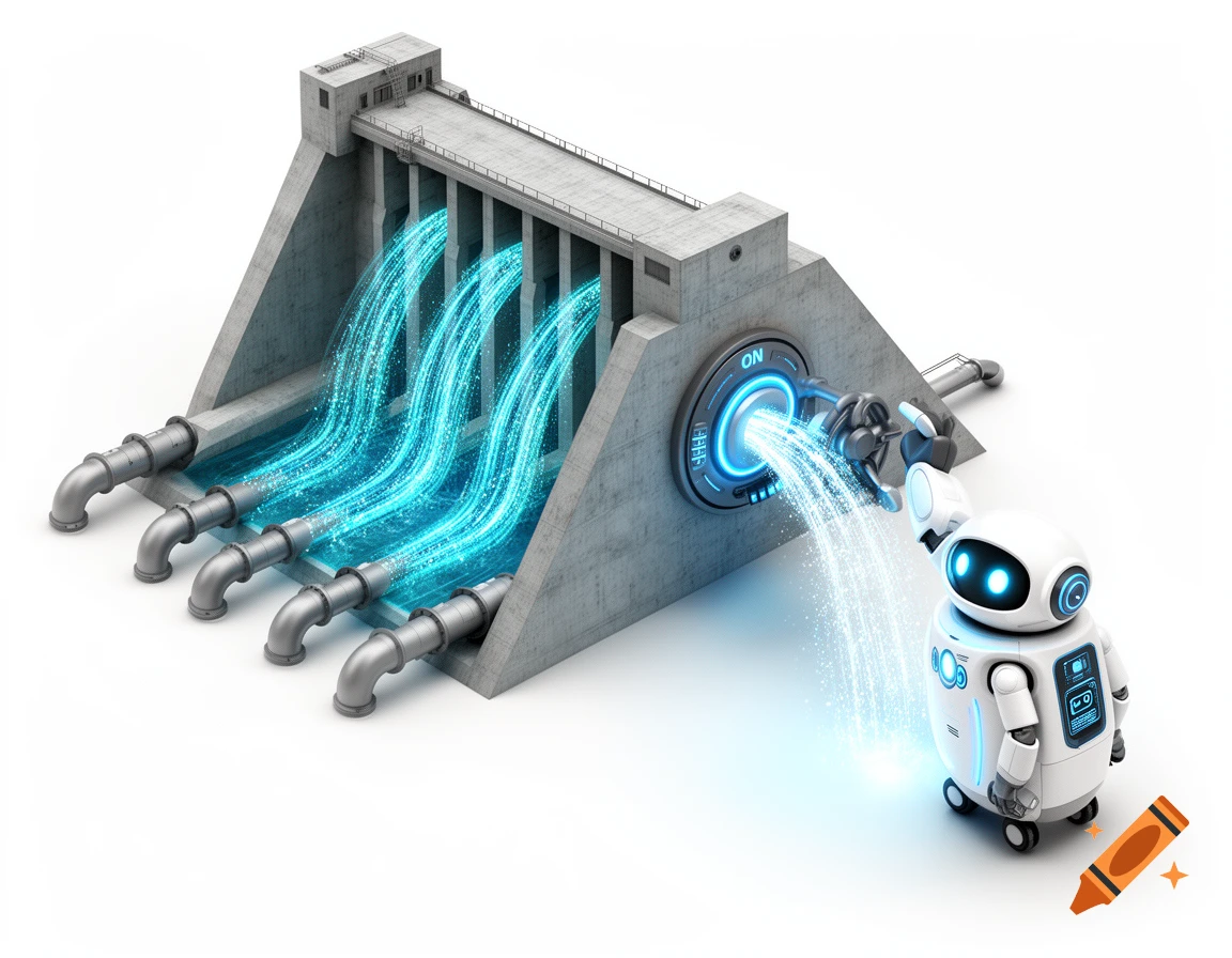 3D architectural infographic of a data dam with glowing blue data streams, pipes, and a friendly white robot flipping an ON switch.