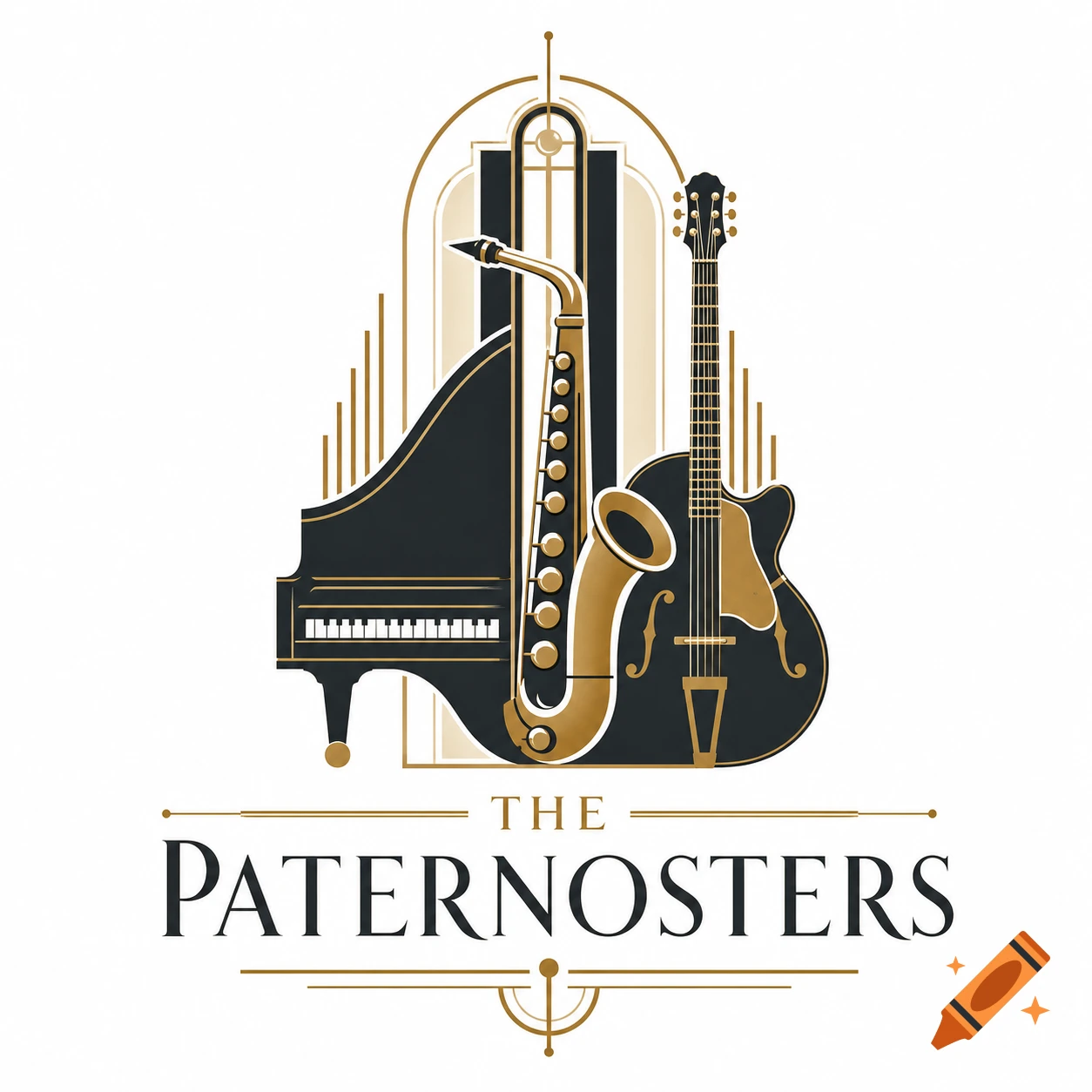Art deco style logo for The Paternosters featuring a piano, saxophone, and guitar in gold and black.