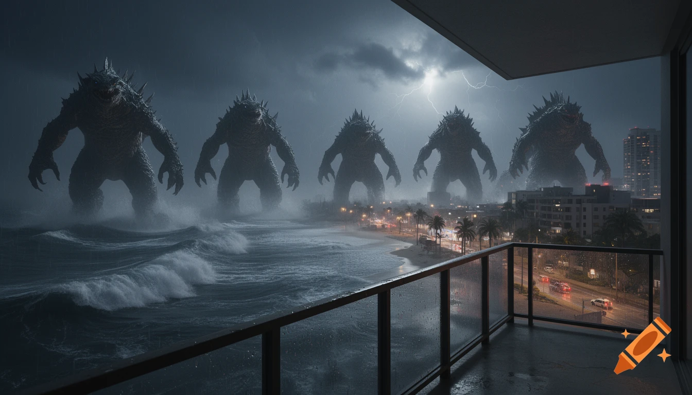 Photorealistic view from a balcony overlooking five colossal kaiju monsters rising from the stormy ocean towards a coastal city.