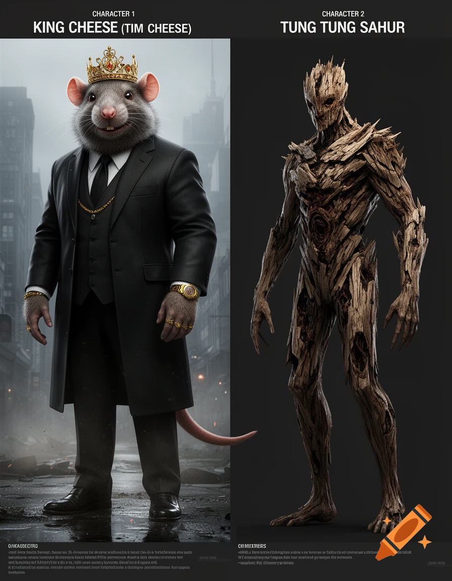Character concept sheet with a giant rat crime boss in a suit and crown next to a weathered wooden monster.