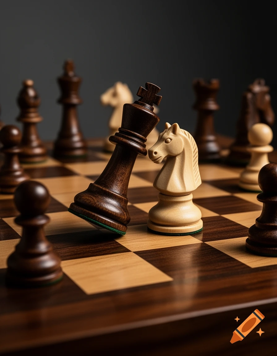 Close-up photorealistic shot of a chess game where a dark king piece leans menacingly toward a white knight.