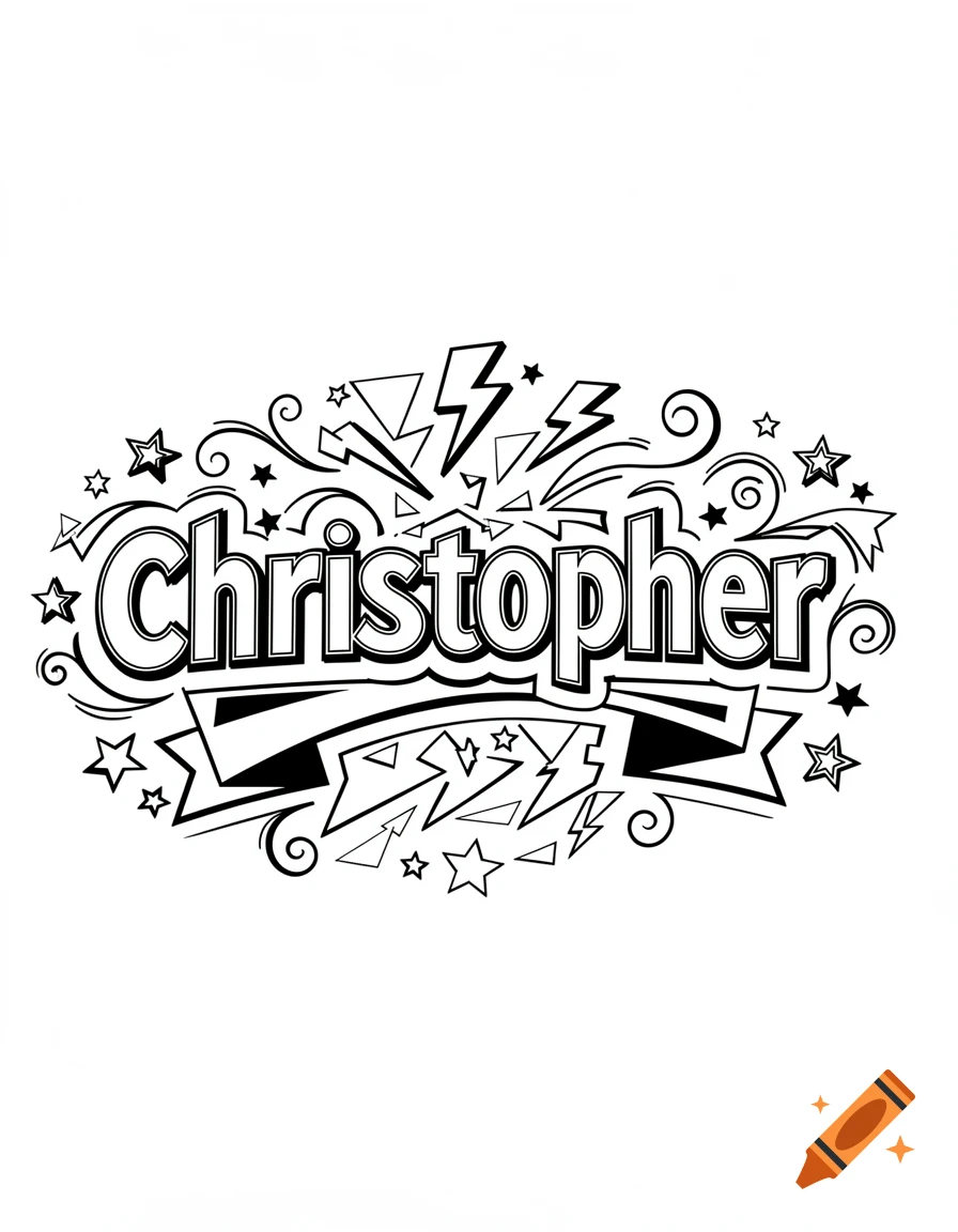 Black and white coloring sheet featuring the name Christopher in bold graffiti style text surrounded by stars and lightning bolts.