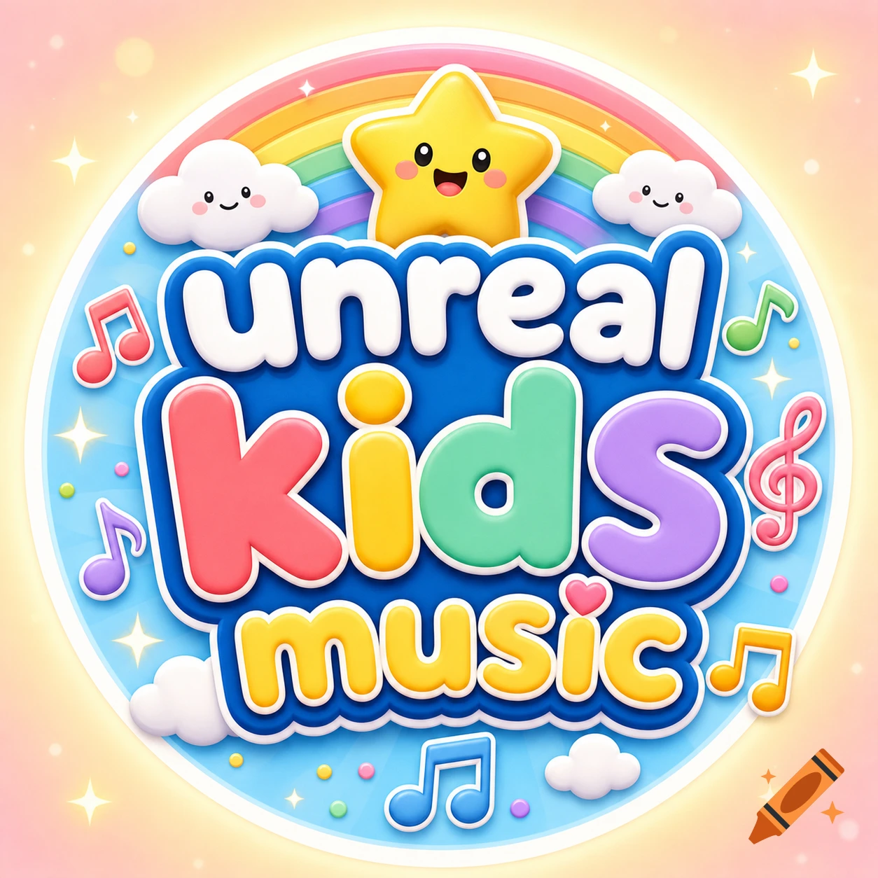 Colorful 3D logo for unreal kids music featuring smiling star, clouds, and musical notes in a round badge.