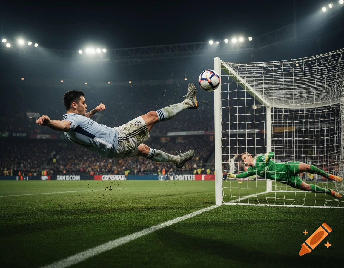 Photorealistic action shot of a soccer player scoring an acrobatic overhead kick into the top corner of the goal at a crowded stadium.