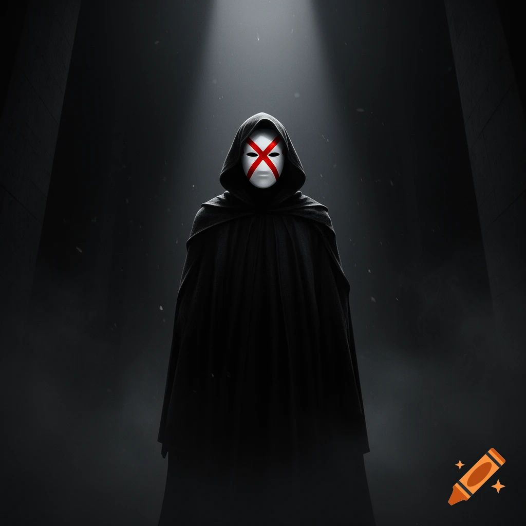 A dark robed figure wearing a white mask with a red X across it, standing in a dimly lit stone corridor.