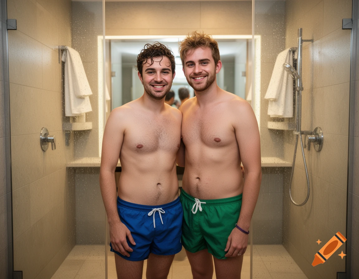 Two men standing in a shower wearing colorful swim trunks, smiling at the camera, photorealistic.