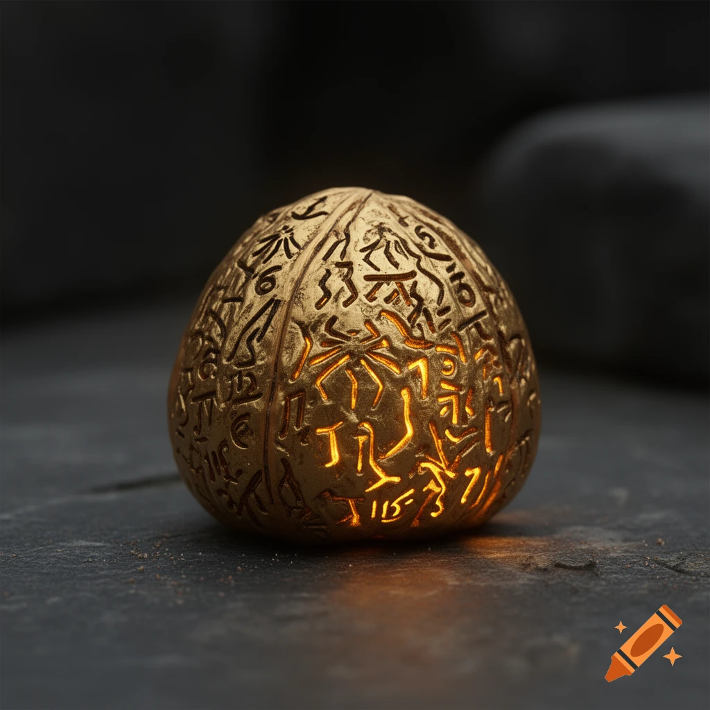 An engraved, golden, walnut-sized object covered in glowing spidery symbols, resting on a dark stone surface.
