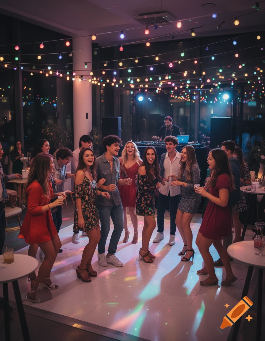 Group of young adults dancing and having fun at a party under string lights, photorealistic style.