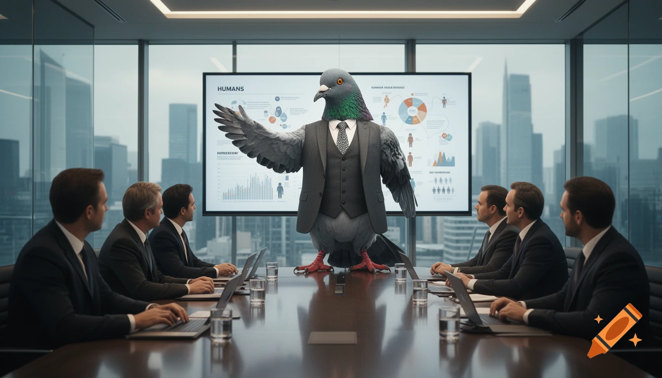 A giant pigeon in a suit giving a presentation to attentive businessmen in a corporate boardroom, photorealistic.