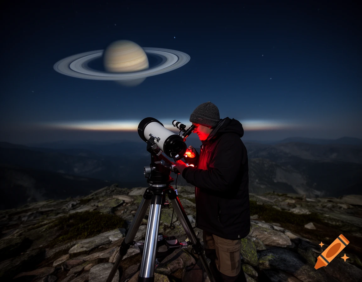 A person using a telescope on a rocky mountain peak at night, viewing the planet Saturn in the sky.