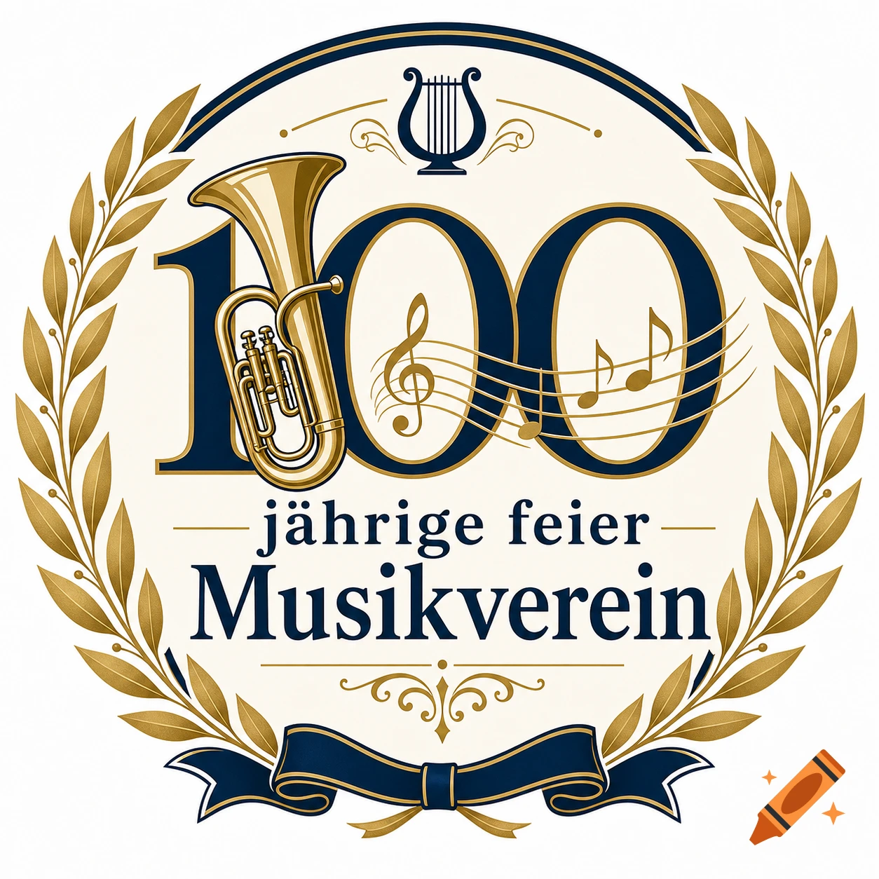 Round anniversary logo for a music association featuring the number 100 with a brass instrument, musical notes, and laurel wreath.