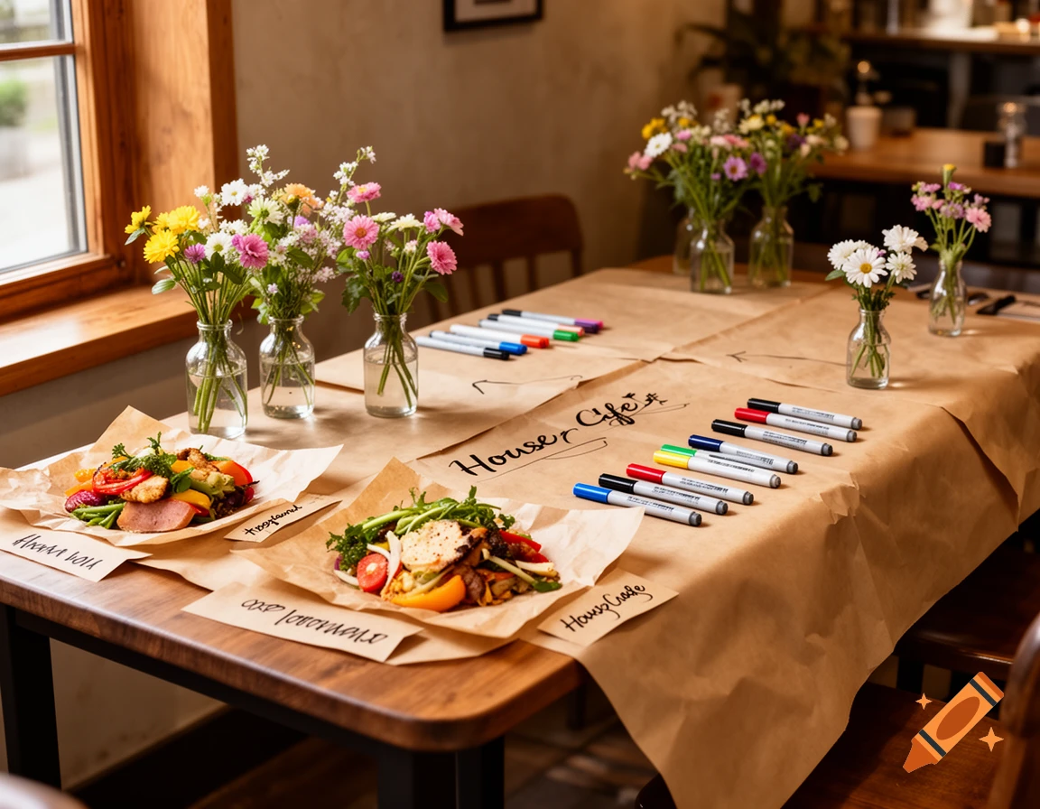 Photorealistic image of a wooden cafe table covered in brown paper, plates with salads, small vases of flowers, and markers.