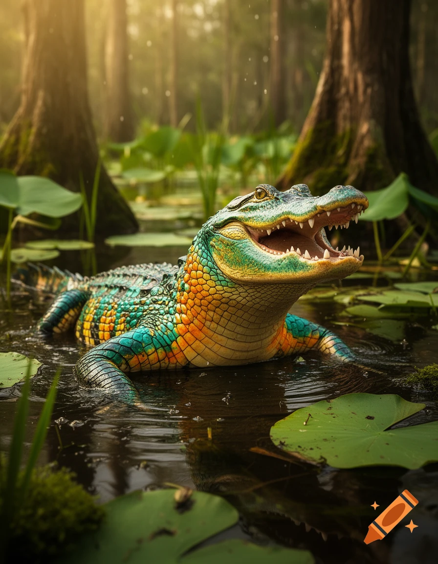 Photorealistic image of a brightly colored alligator in a swamp surrounded by lily pads and cypress trees.