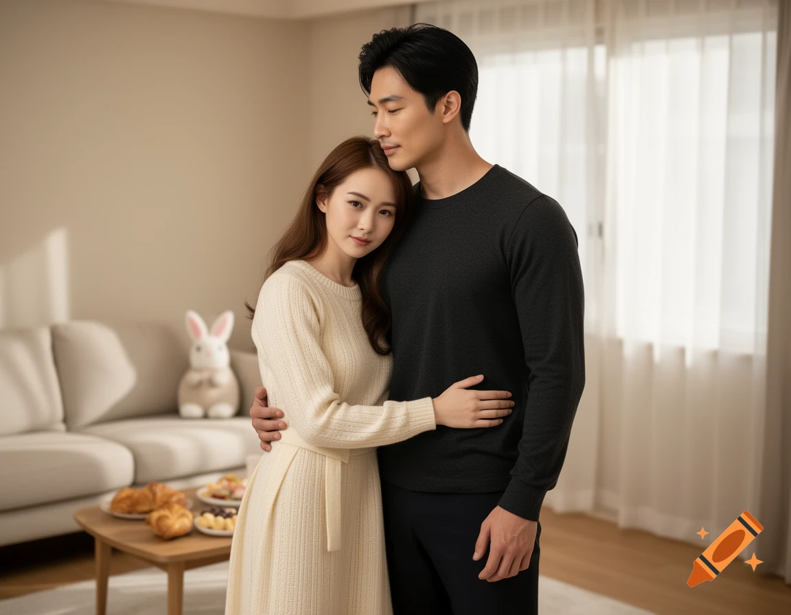 A photorealistic portrait of an Asian couple embracing in a bright, modern living room.