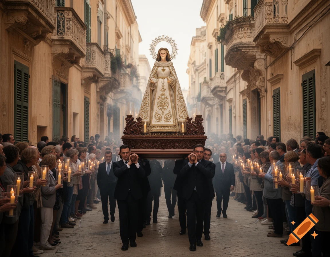 Photorealistic image of a traditional Italian religious procession in an old Baroque town with people holding candles.