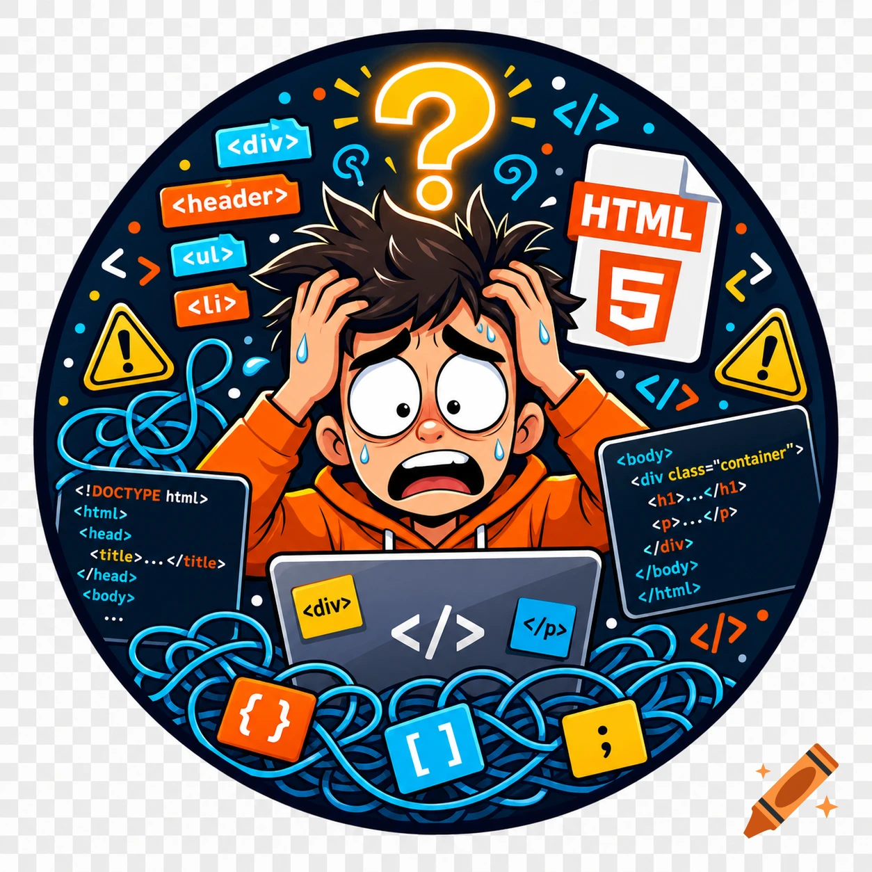 Circular comic style logo of a panicked young person surrounded by HTML code snippets and tangled cables.