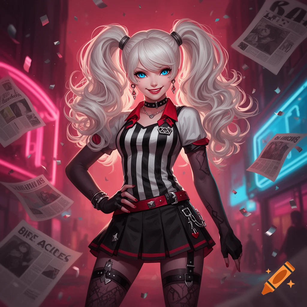 Anime style illustration of Junko Enoshima with white twin tails, blue eyes, and a referee-style outfit surrounded by flying newspapers.