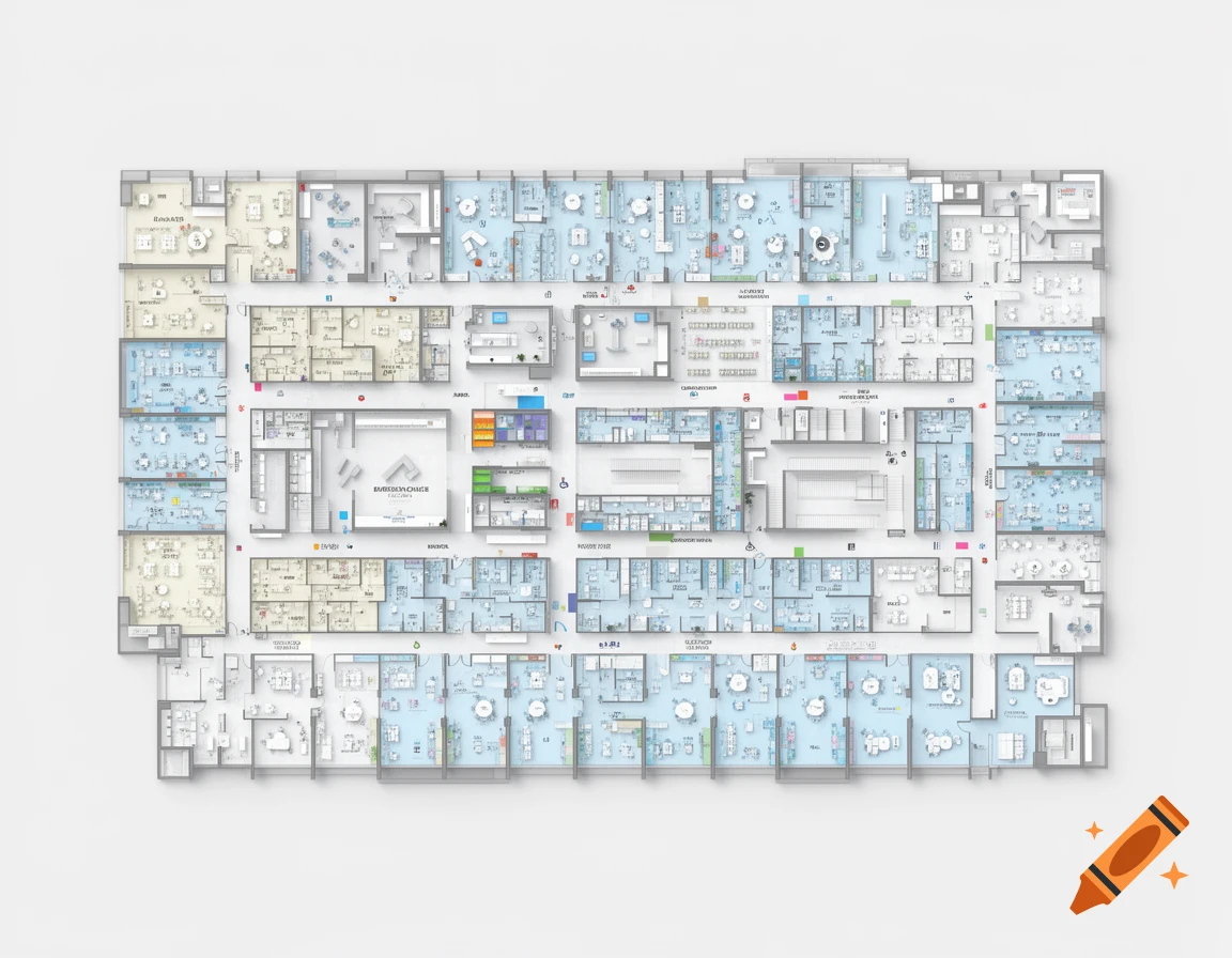 Top-down architectural floor plan of a hospital with numerous rooms and corridors.