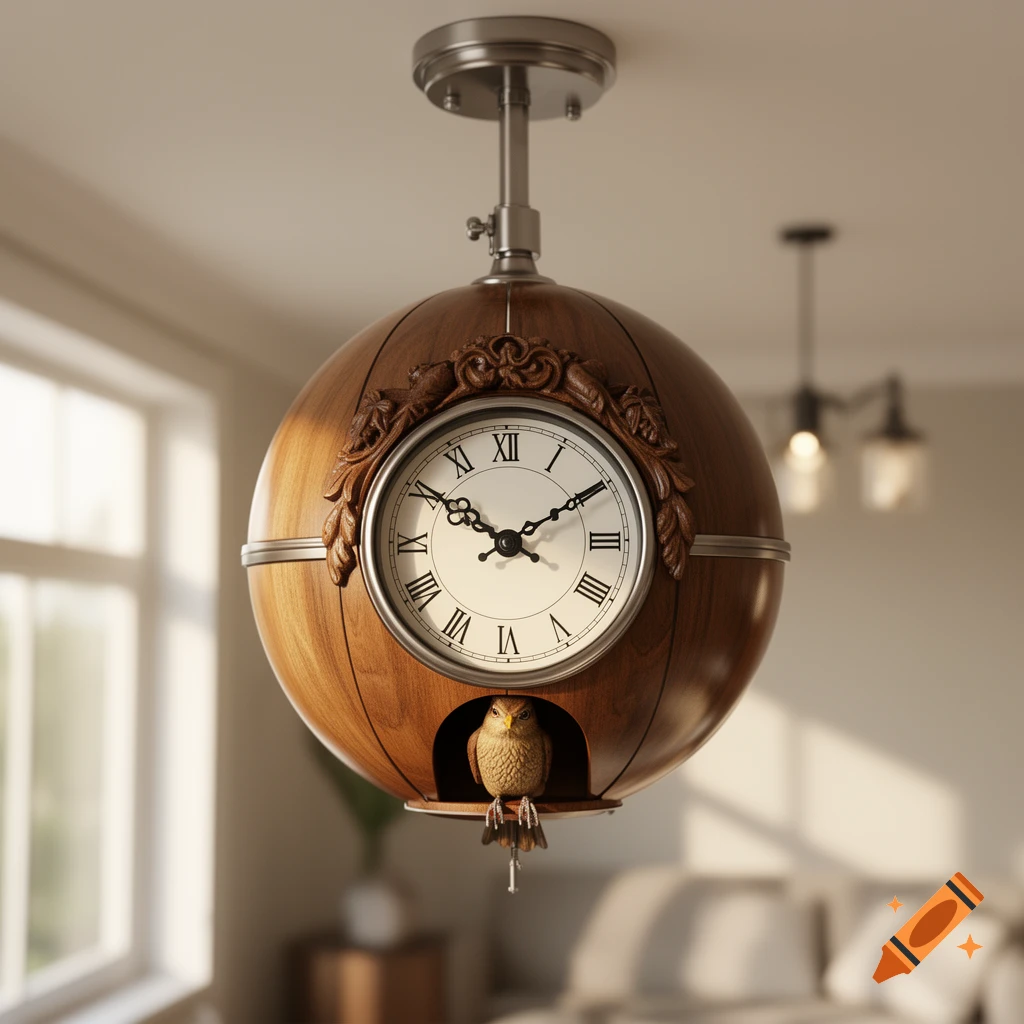 Photorealistic spherical wooden cuckoo clock hanging from ceiling in a bright living room.