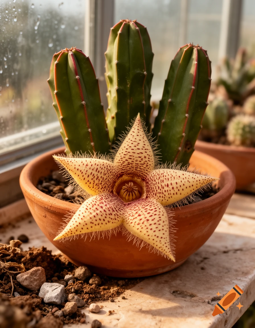 Close-up of a Stapelia gigantea cactus with a large, star-shaped yellow flower speckled with red dots in a terracotta pot.