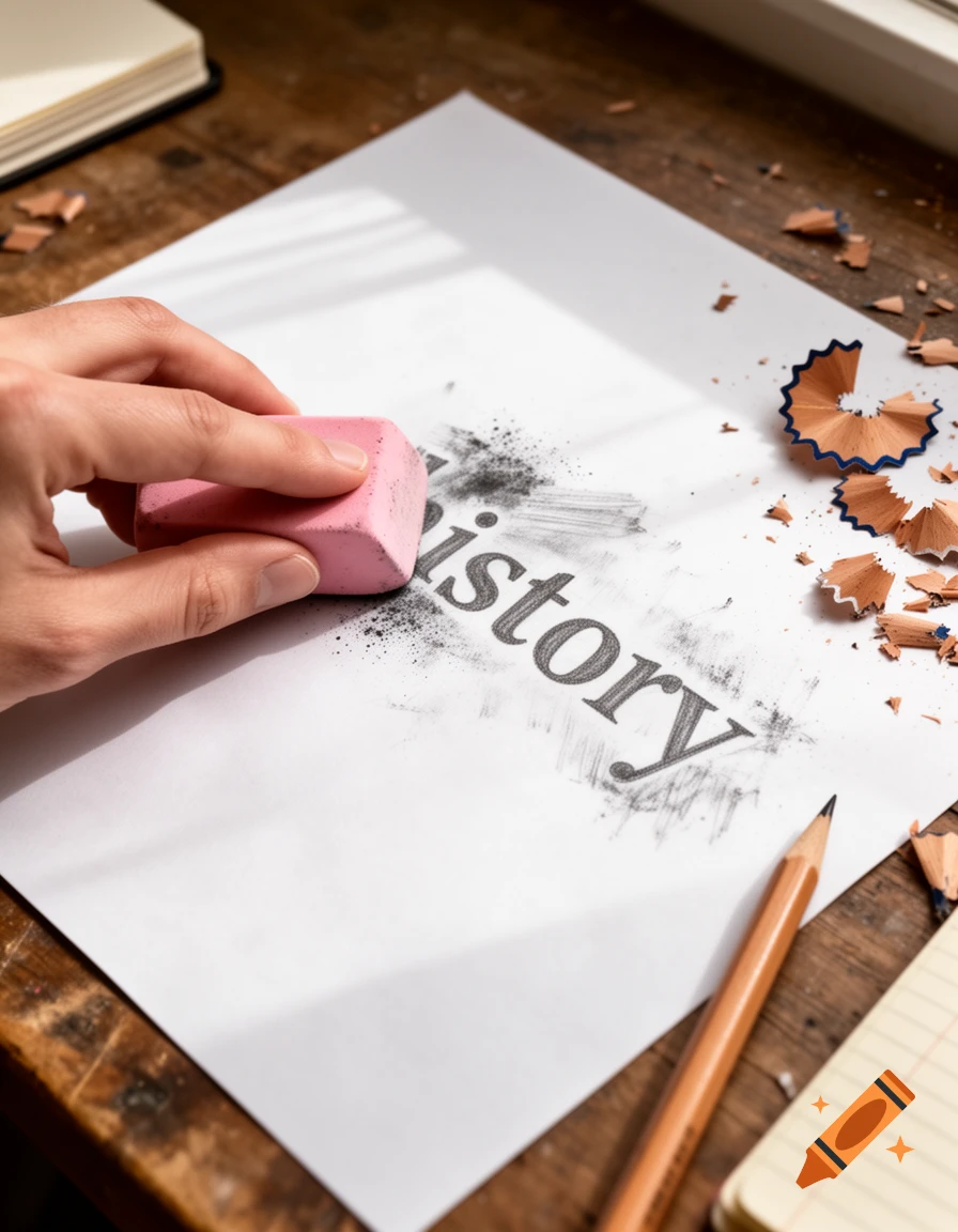Close-up of a hand using a pink eraser on pencil-drawn text 'history' on white paper.