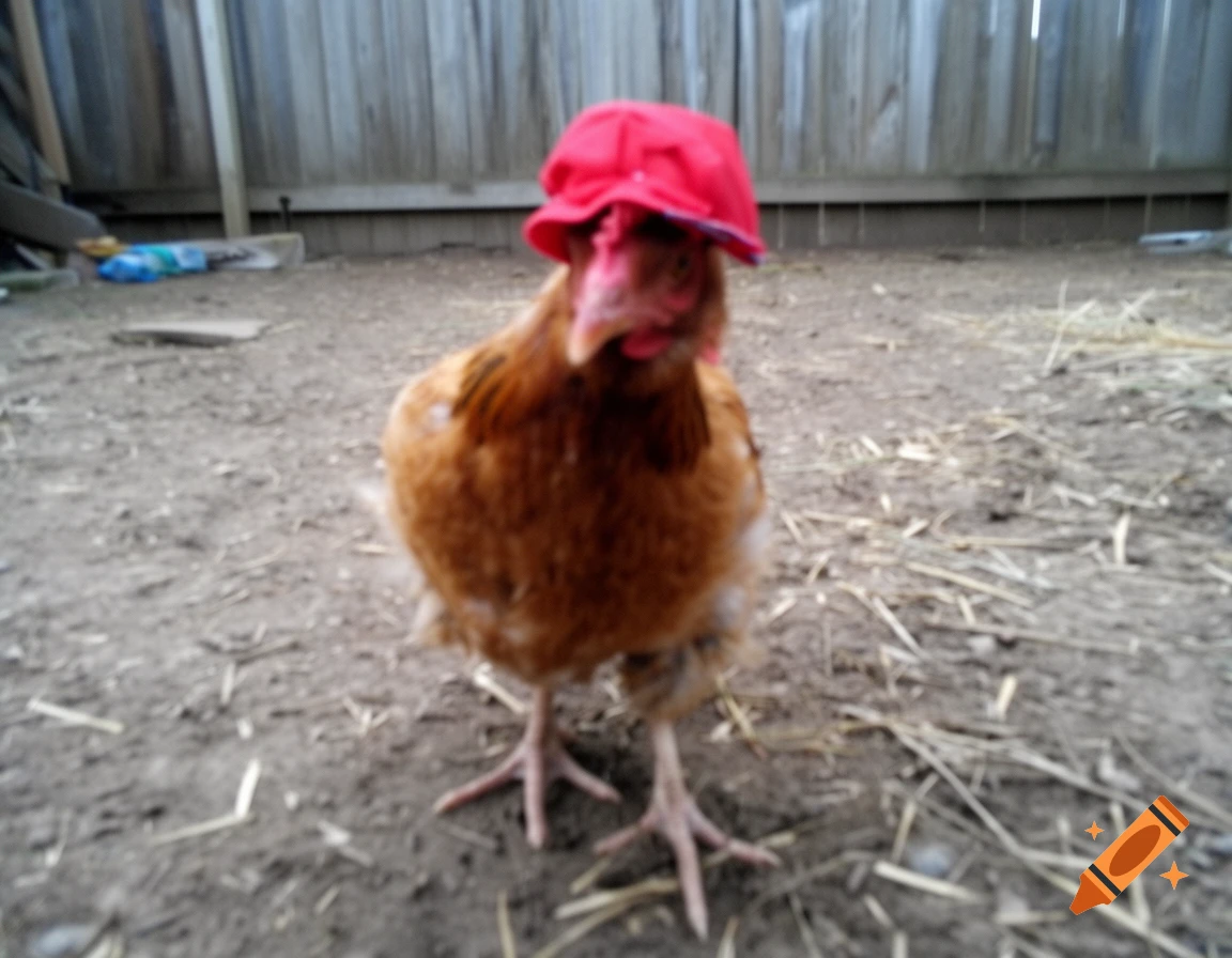 A brown chicken standing on dirt wearing a small red hat.