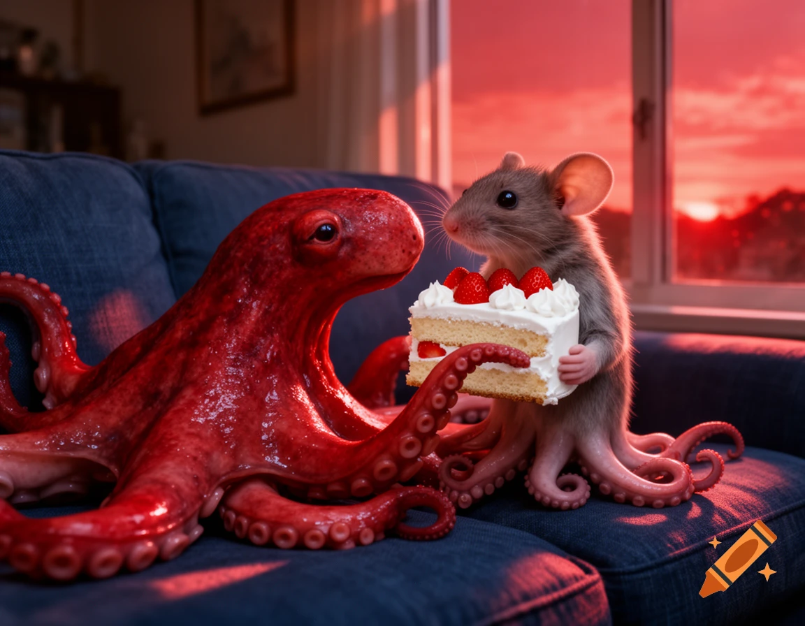 A photorealistic scene of a red octopus and a mouse-octopus hybrid on a blue sofa, holding a strawberry cake at sunset.