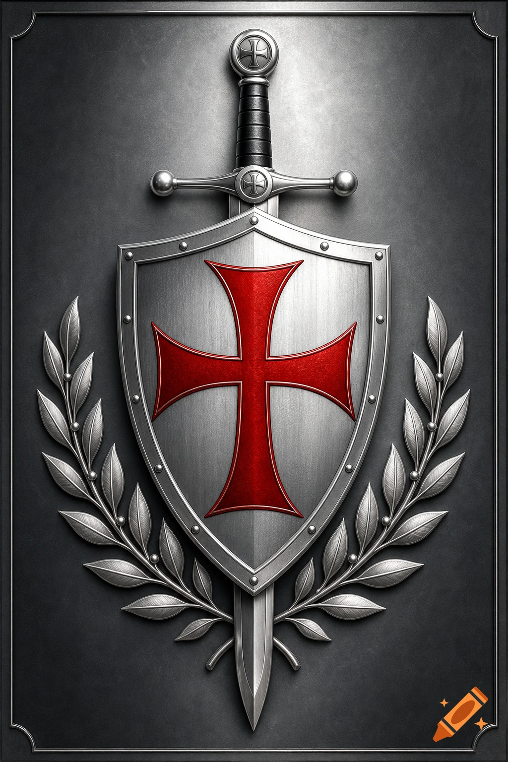Digital heraldic emblem with a silver heater shield, a red cross, laurel branches, and a sword against a dark gray metallic background.