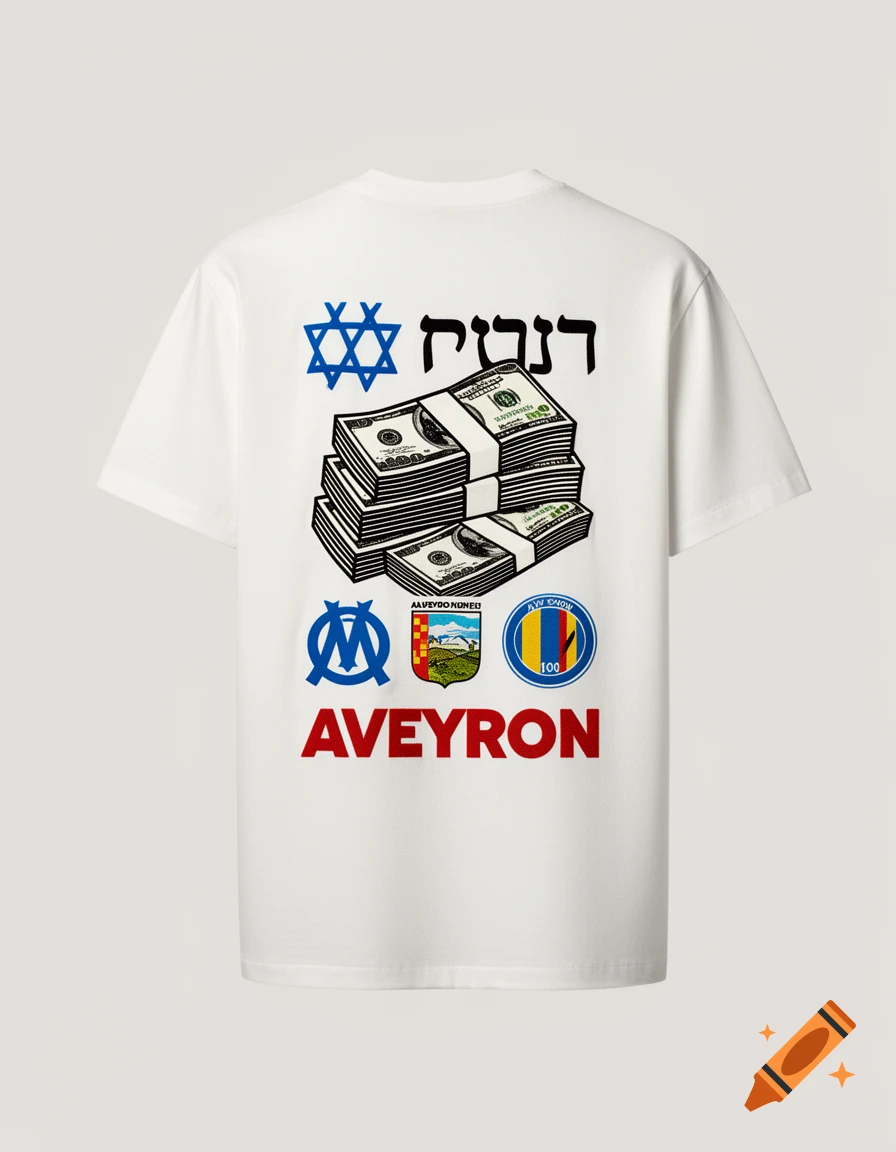 White t-shirt featuring custom back print with a stack of money, text, Star of David, and logos.