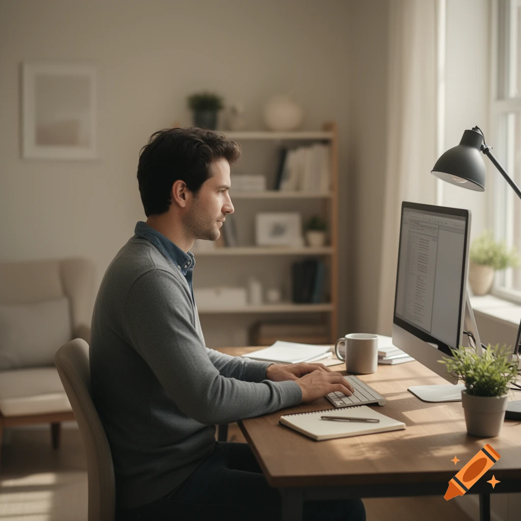 Photorealistic side view of a man working on a desktop computer at a wooden desk in a bright, modern room.