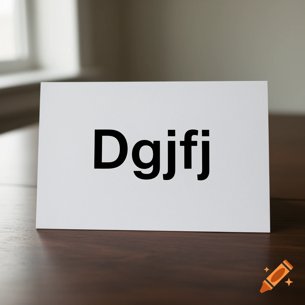 A white index card with the black text 'Dgjfj' sitting on a dark wooden table.