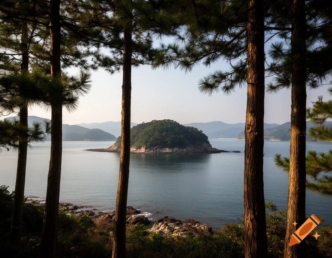 Photorealistic view through tall pine trees overlooking a calm inland sea with a small forested island.