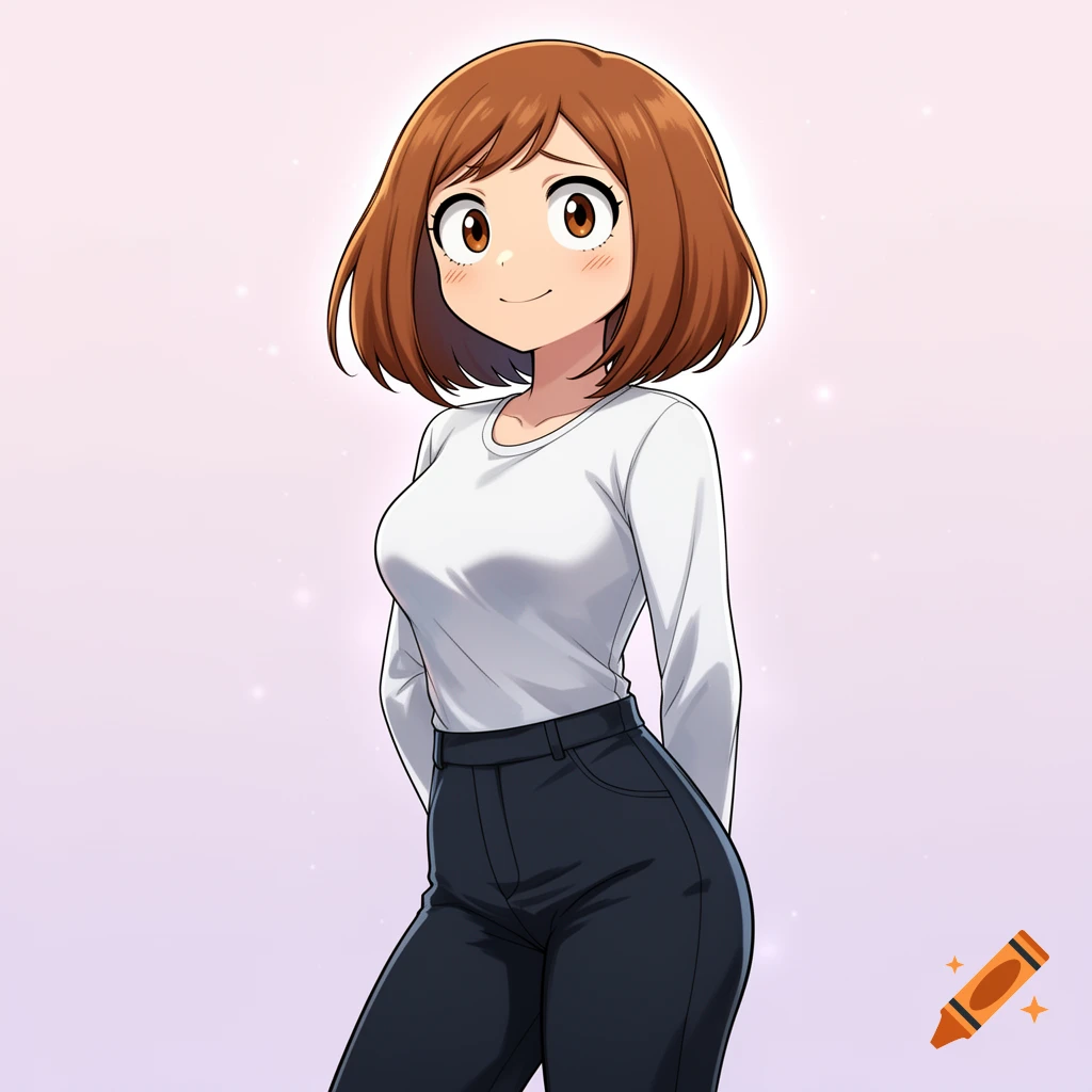 Anime style illustration of Ochaco Uraraka wearing a white long-sleeve shirt and dark pants against a light background.