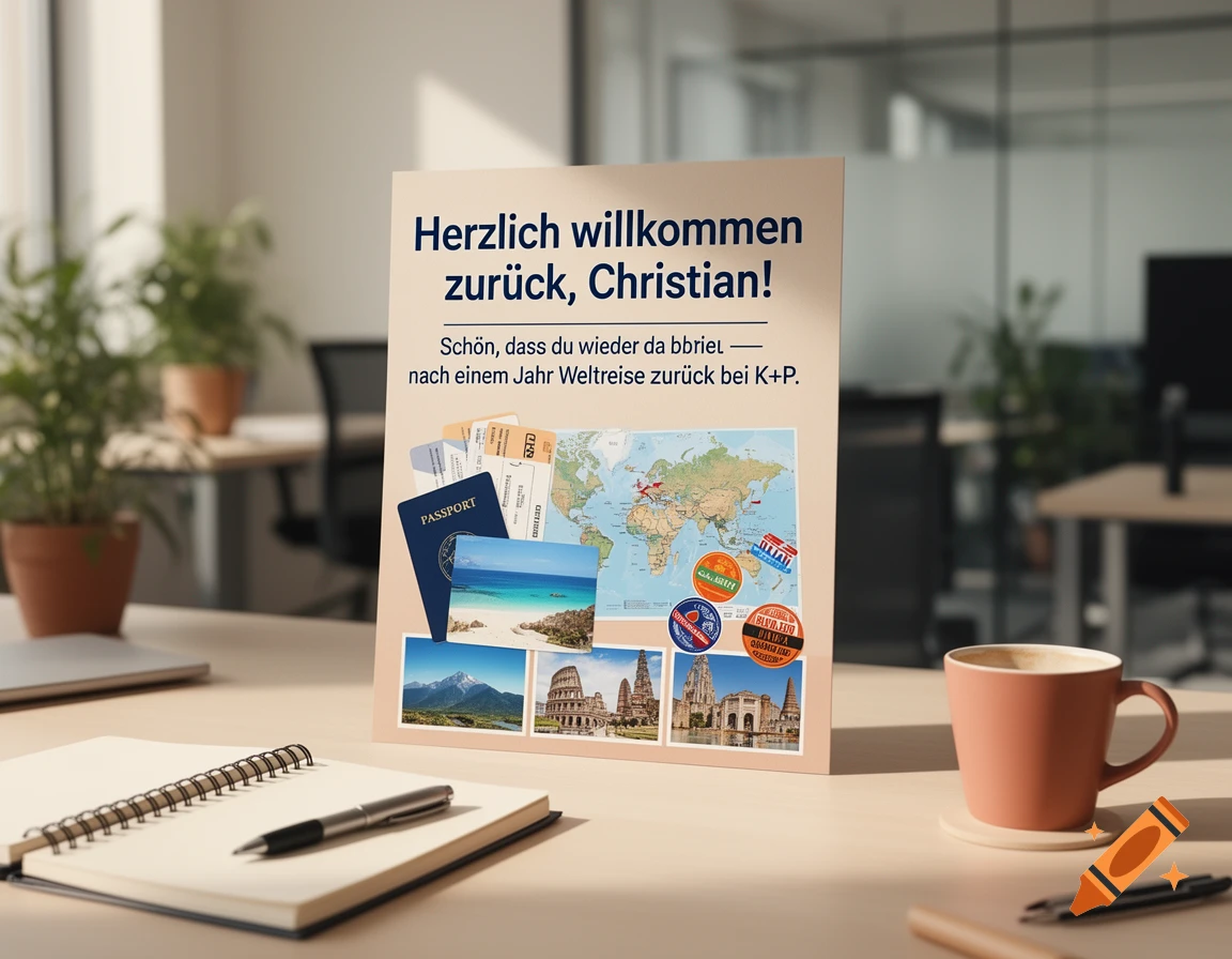A welcome back greeting card on an office desk next to a notebook, pen, and coffee cup.