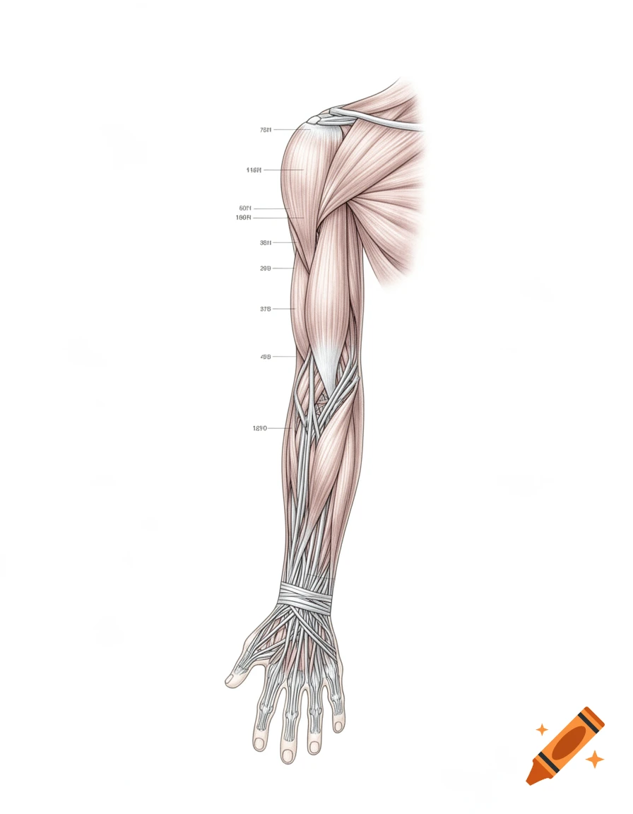 Anatomical illustration of a human arm and shoulder showing muscles and tendons in a scientific style.