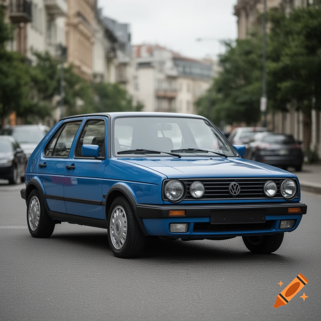 Photorealistic medium blue Volkswagen Golf Mk2 parked on a city street.