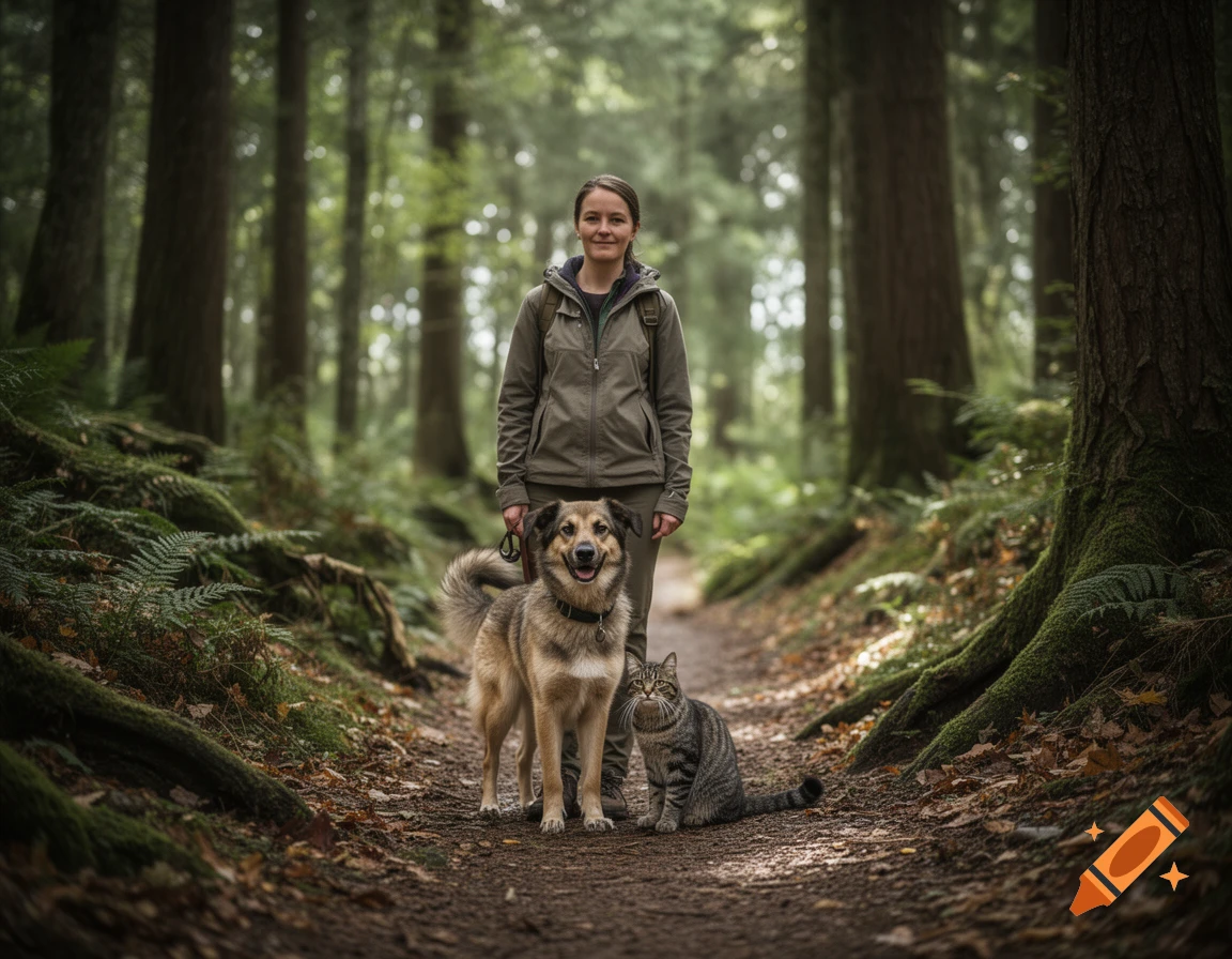 Photorealistic image of a woman, a dog, and a cat standing on a dirt trail in a dense forest.