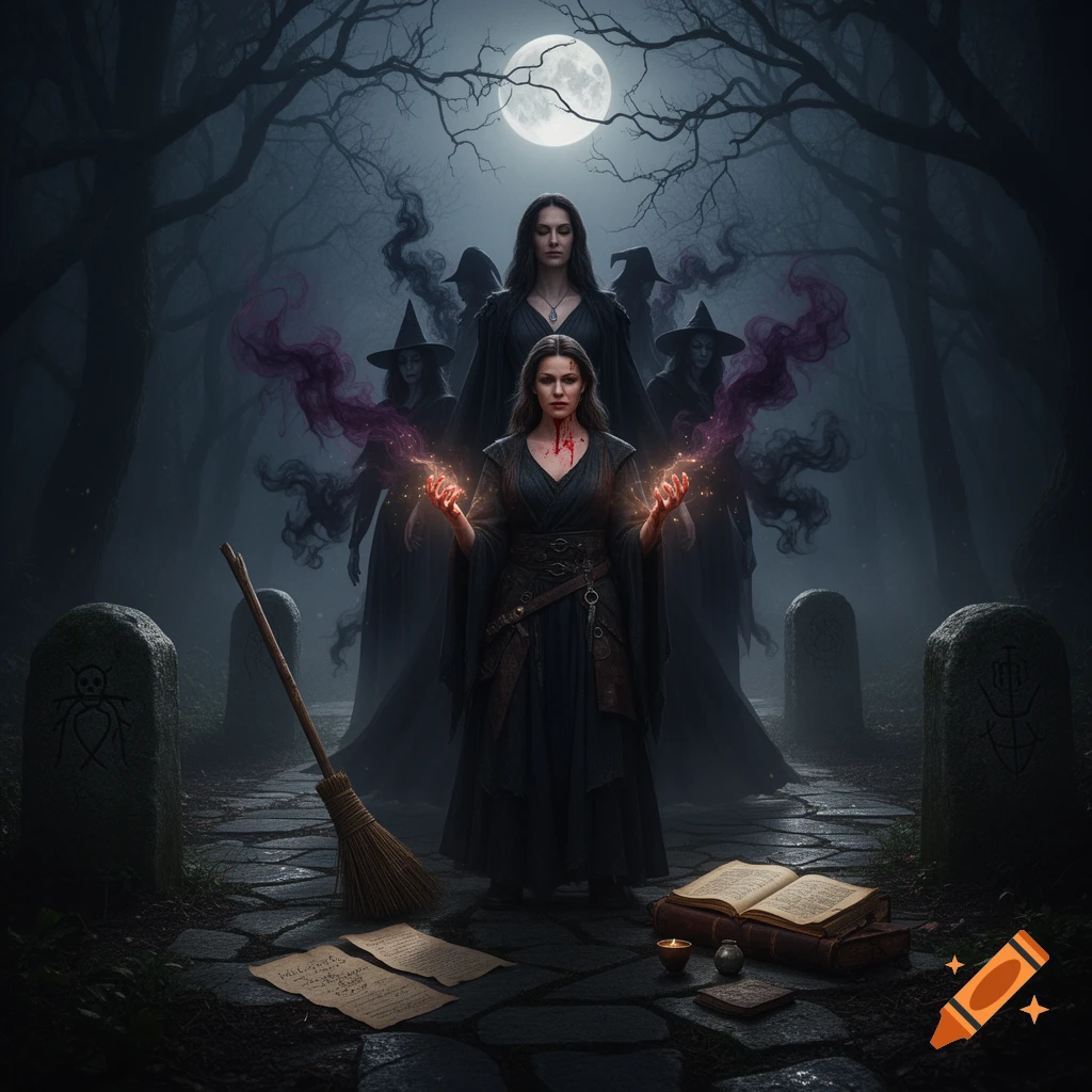 A dark fantasy scene with a central witch holding magical energy, surrounded by other witches in a misty graveyard under a full moon.