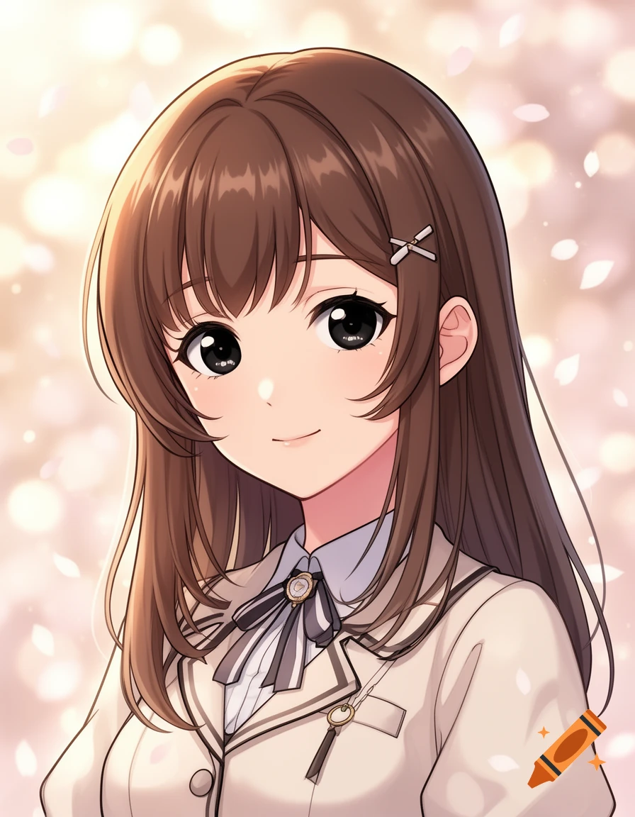 An anime style portrait of a smiling girl with brown hair and black eyes wearing a school uniform.