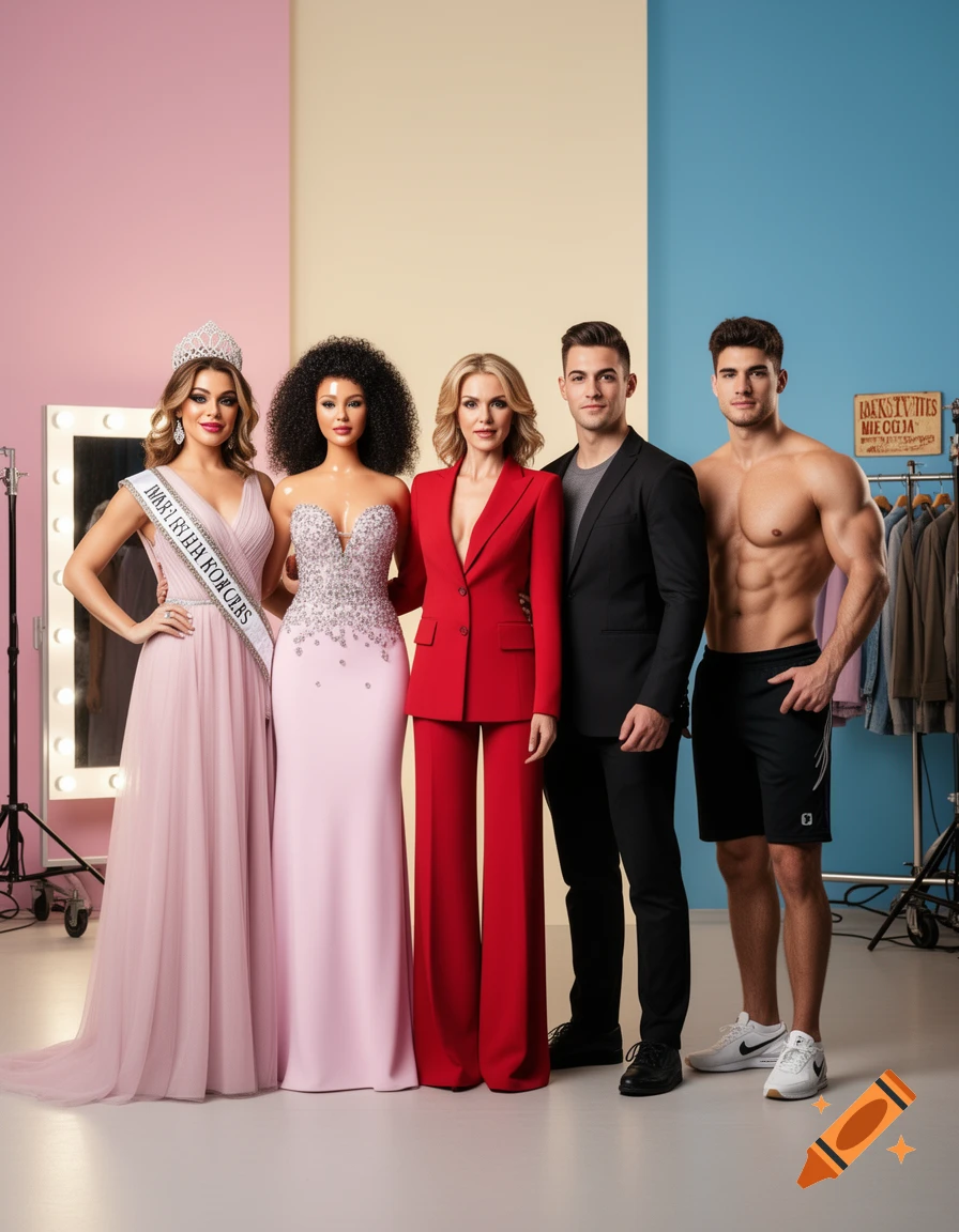 Photorealistic studio shot of five diverse fashion models and pageant contestants posing against a pastel tricolor background.