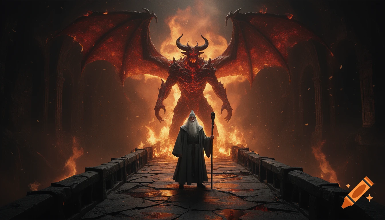 Gandalf standing on a stone bridge facing a fiery Balrog in a dark cave, cinematic style.